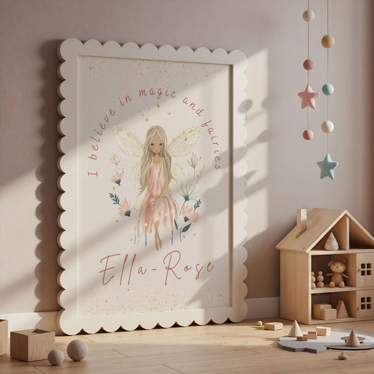 Framed artwork of a fairy with text in a child's room with toys and decor.