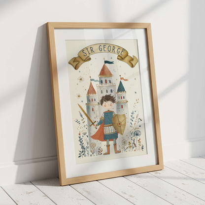 Framed illustration of a knight named Sir George with a castle in the background on a white surface.