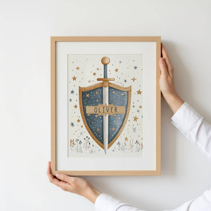 Framed artwork with a shield design and 'Oliver' text, held by a person against a white wall.