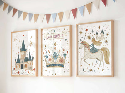Three framed fairy tale themed illustrations on a wall with a decorative banner above.