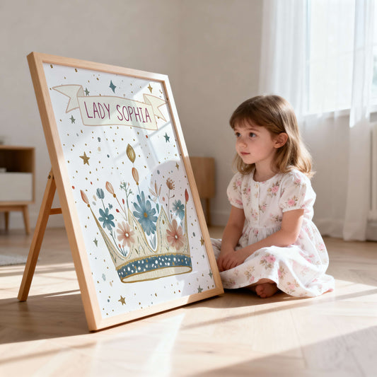 Young girl in a floral dress sitting next to a framed illustration of a crown with 'Lady Sophia' text.