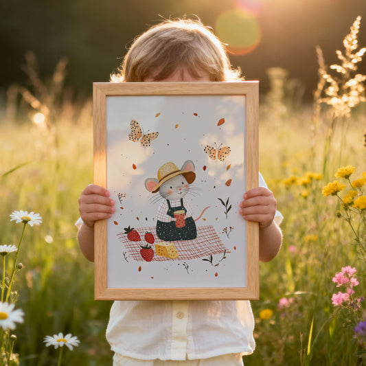 Child holding a framed illustration in a field of flowers