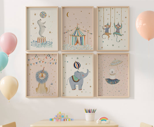Children's room with wall art, table, chairs, and balloons