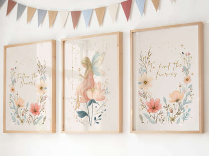 Rose Flower Fairy Quote Wall Art Set of 3 | Unframed