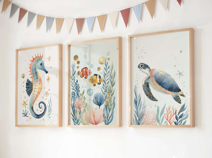 The Turtle print flat lay showing paper quality and fine art detail — archival sea turtle wall art by Sarah Gallagher Design
