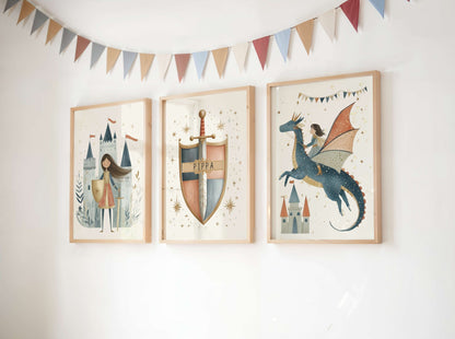 Personalised Dragon and Girl Knight Wall Art Set of 3 | Unframed