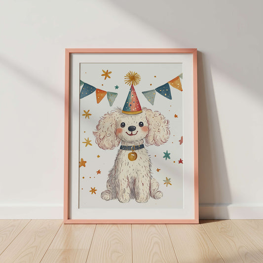 Framed artwork of a dog wearing a party hat with colorful decorations on a white wall.
