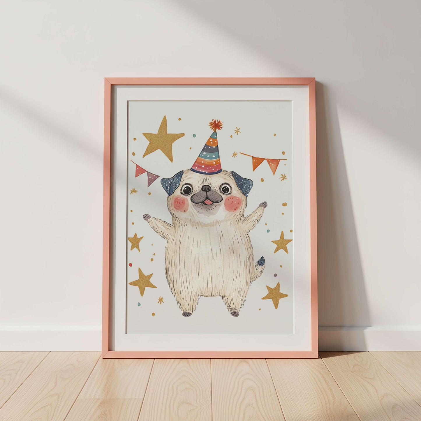 Framed illustration of a dog wearing a party hat with stars and flags on a white wall.