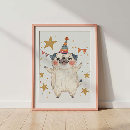 Framed illustration of a dog wearing a party hat with stars and flags on a white wall.