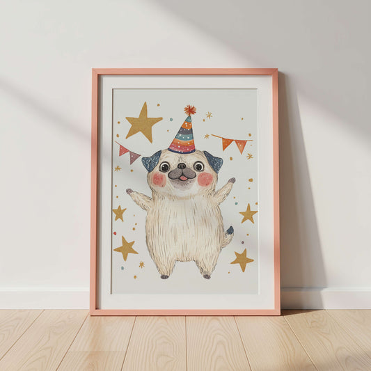Framed illustration of a dog wearing a party hat with stars and flags on a white wall.