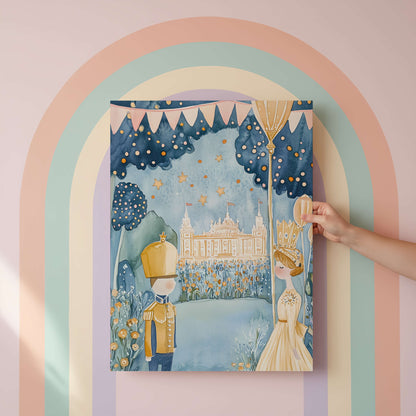 Illustration of a guard and queen standing infront of a palace