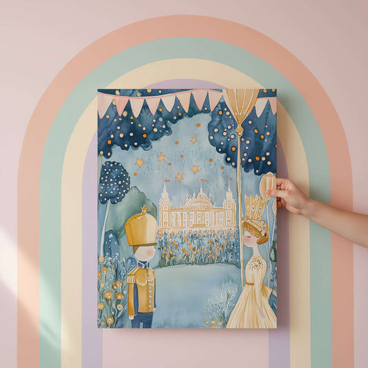 Illustration of a guard and queen standing infront of a palace