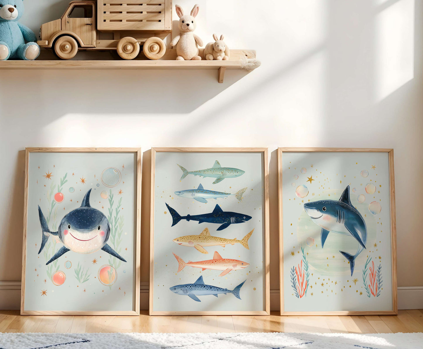Three framed illustrations of sharks on a wall with toys on a shelf above.