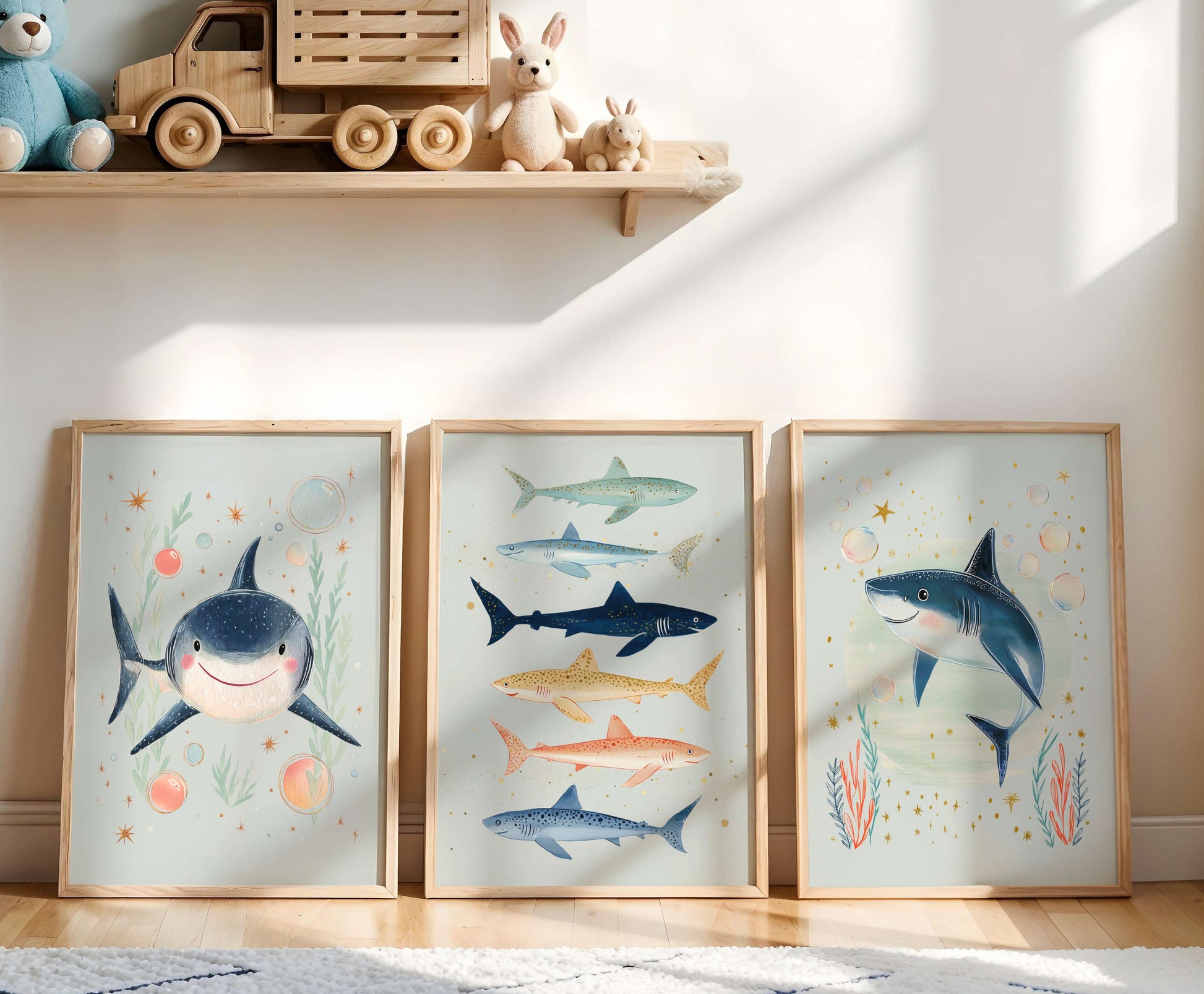 Three framed illustrations of sharks on a wall with toys on a shelf above.