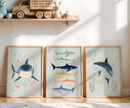 Three framed illustrations of sharks on a wall with toys on a shelf above.