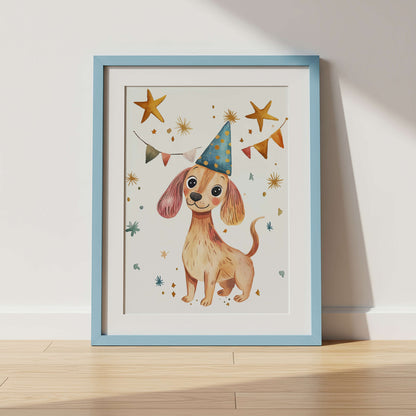 Framed illustration of a dog wearing a party hat on a wooden surface with a white wall background