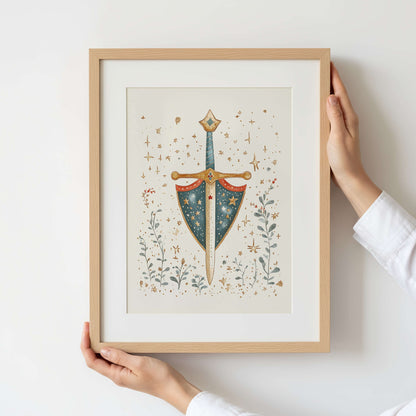 Framed artwork of a sword and shield with decorative elements held by a person.