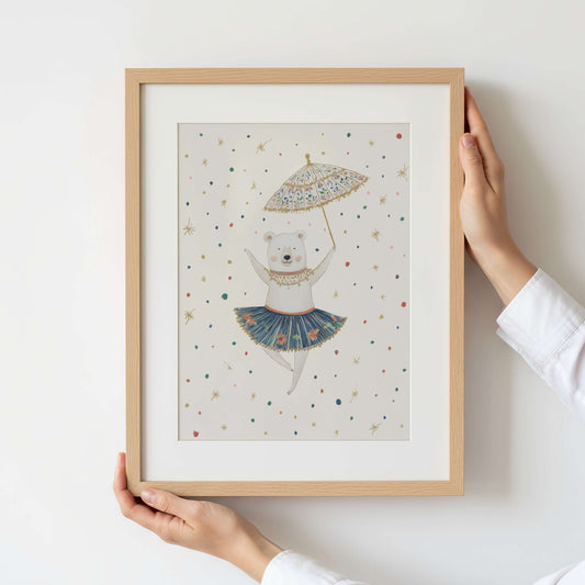 Framed artwork of a bear holding an umbrella on a light background