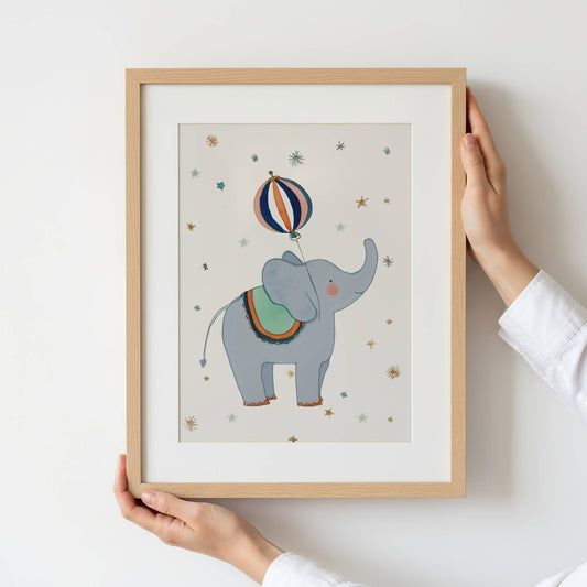 Framed illustration of an elephant with a balloon in a circus theme style