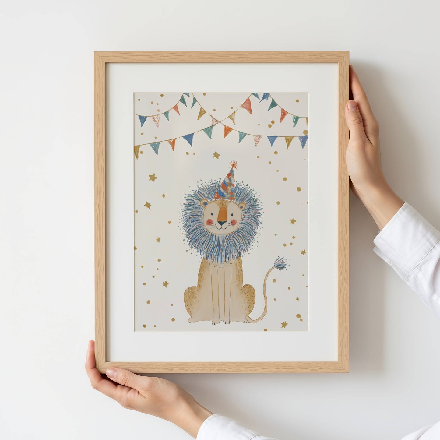 Circus lion nursery print — smiling lion in party hat with colourful bunting and golden confetti stars, watercolour style