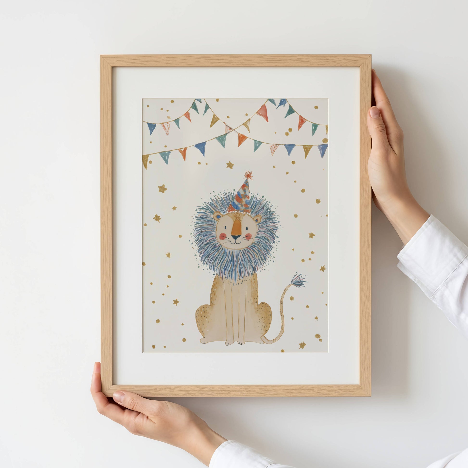 Circus lion nursery print — smiling lion in party hat with colourful bunting and golden confetti stars, watercolour style