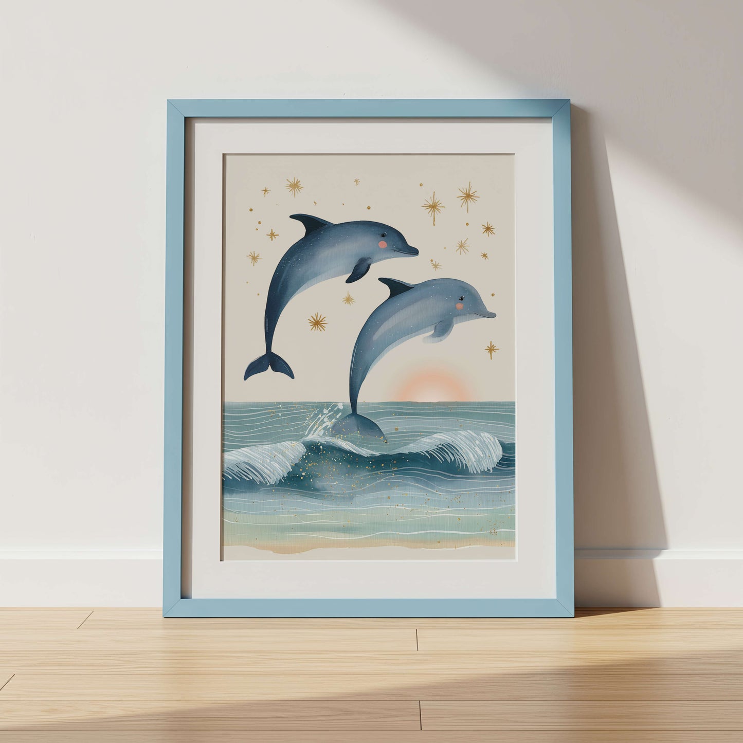 Framed artwork of two dolphins jumping out of water.