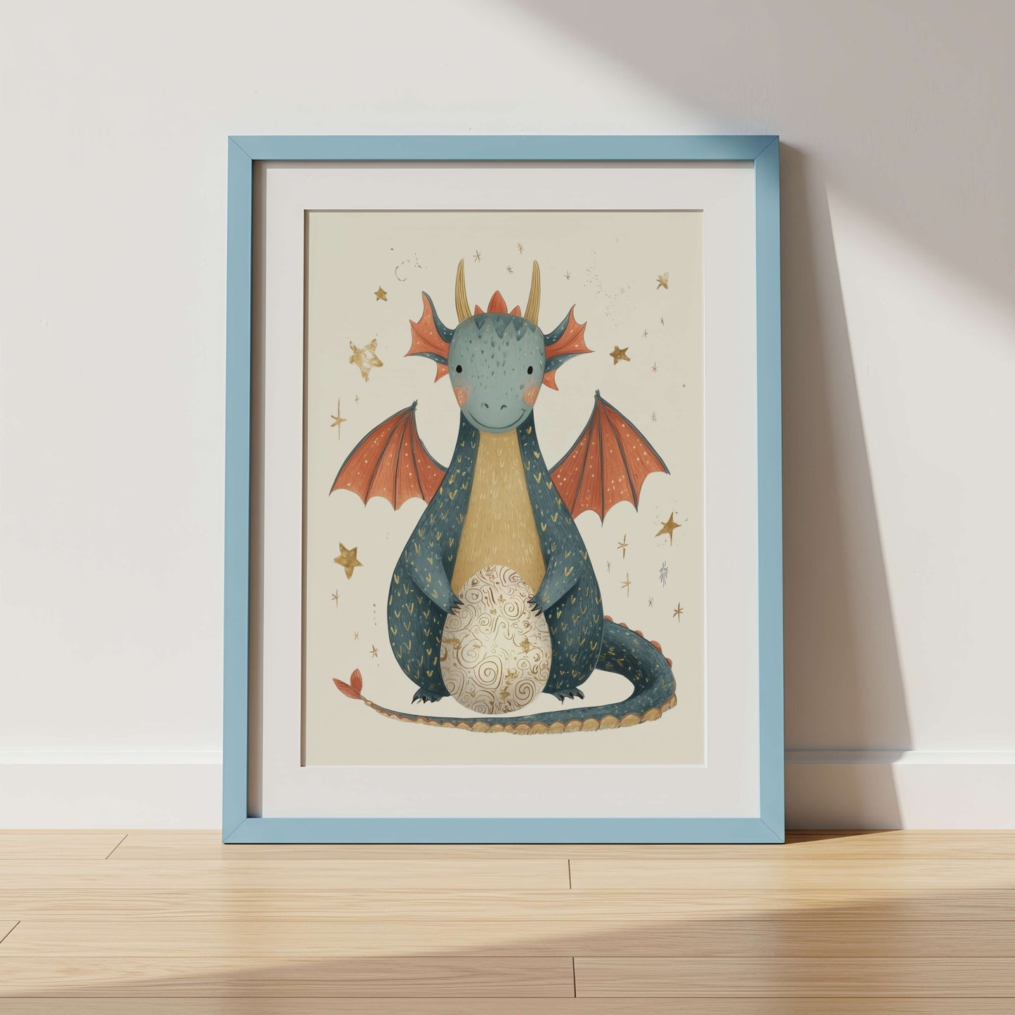 Framed illustration of a dragon with a dragon egg in a fairytale setting