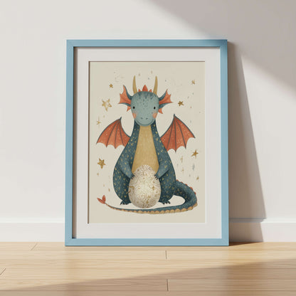 Framed illustration of a dragon with a dragon egg in a fairytale setting