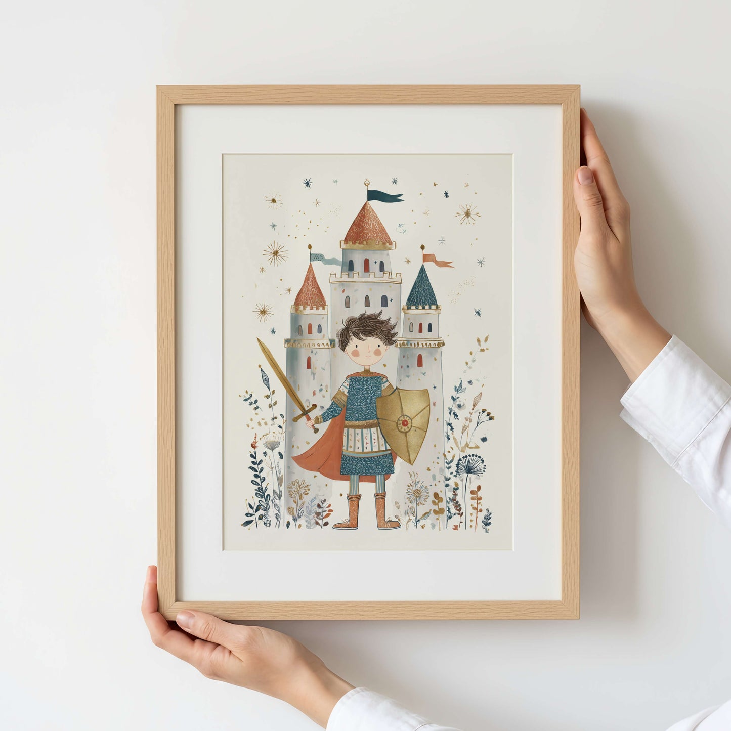 Framed illustration of a boy knight with a castle and flowers