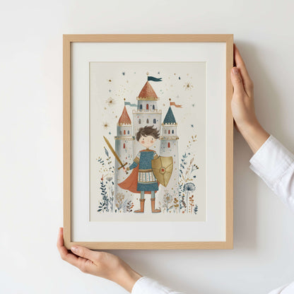 Framed illustration of a boy knight with a castle and flowers