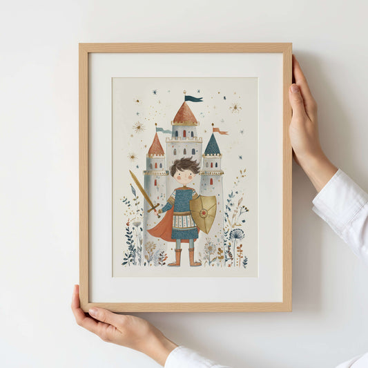 Framed illustration of a boy knight with a castle and flowers