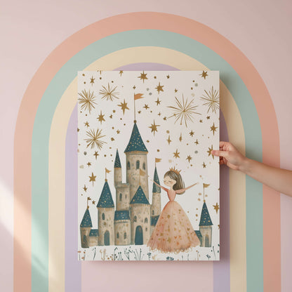 Illustration of a princess and castle on a colorful background