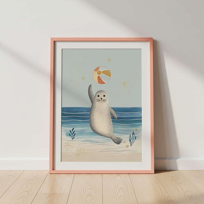 Watercolour seal art print — playful seal with beach ball and gold stars, ocean nursery wall art by Sarah Gallagher Design