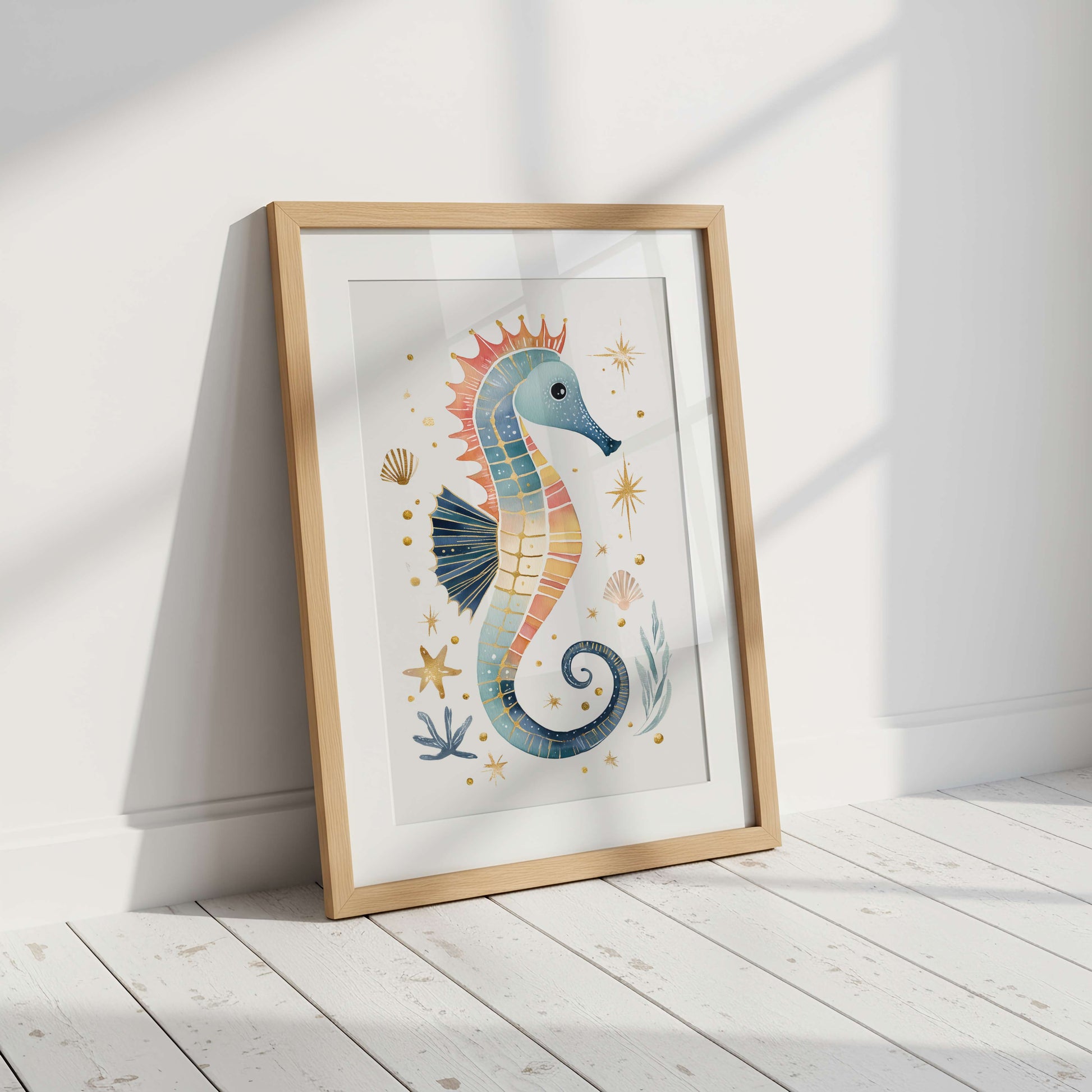 The Seahorse watercolour nursery print by Sarah Gallagher Design — unframed ocean wall art for nurseries and children's rooms