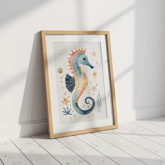 The Seahorse watercolour nursery print by Sarah Gallagher Design — unframed ocean wall art for nurseries and children's rooms