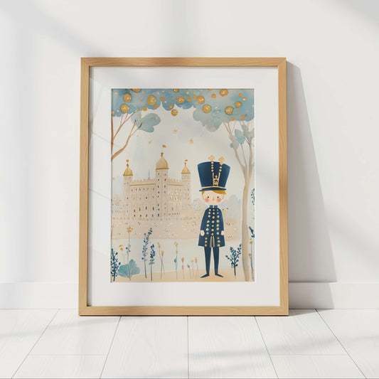 Framed artwork of a guard in front of the tower of London