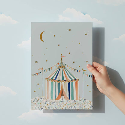 Artisan illustration of a vintage circus tent with teal and peach stripes, bunting, and golden stars on a light blue background.