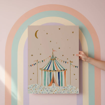 Artisan illustration of a vintage circus tent with teal and peach stripes, bunting, and golden stars on a light pink background.