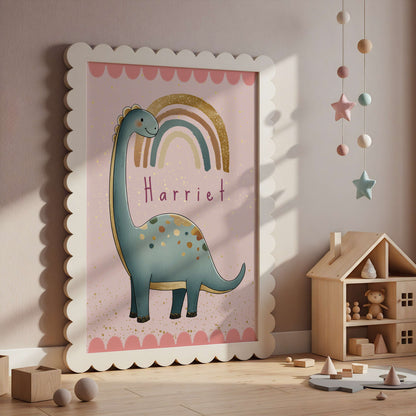 Personalised Pink Diplodocus Dinosaur Print | Unframed