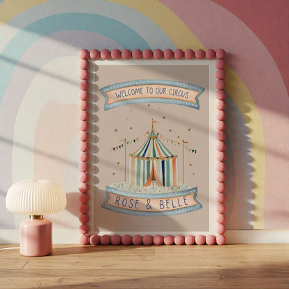 Personalised Pink Circus Tent Sibling Wall Art Print | Unframed