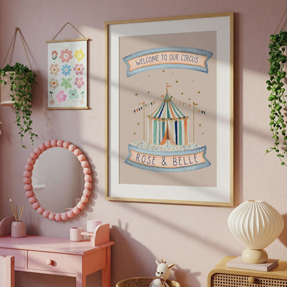 Personalised Pink Circus Tent Sibling Wall Art Print | Unframed